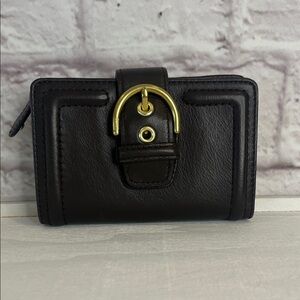 Coach Leather Wallet Dark Brown with Gold Buckle
